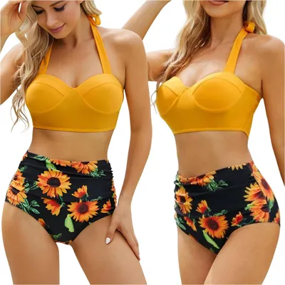 Zdjęcie produktu dla Strój kąpielowy komplet wyszczuplający kwiaty plus size wysoki stan figi L