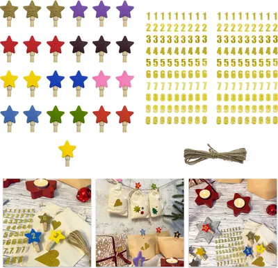 Produktbild von Oblique Unique 25 Stern Klammern und Zahlen Sticker Aufkleber für Weihnachten Adventskalender Deko DIY Kalender Basteln - bunt