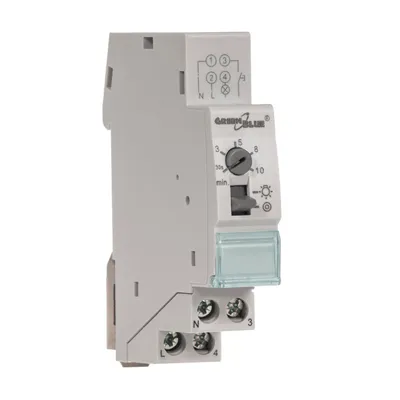 A close-up studio shot of a gray and white electrical timer switch.