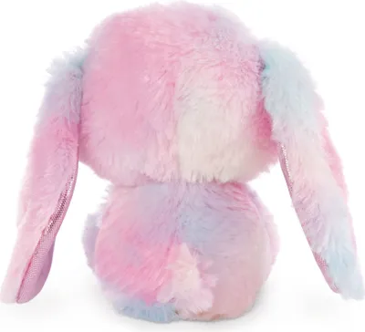 A plush toy bunny seen from the back, with its ears hanging down.