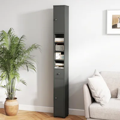 Produktbild von GOPLUS Badezimmerschrank hoch, Hochschrank mit Schublade, verstellbare Ablagen, offenes Fach, Badschrank schmal für Badezimmer, Wohnzimmer (Grau)