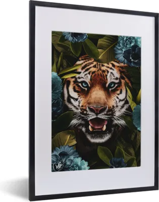Produktbild von MuchoWow® MuchoWow® Gerahmtes Poster Tiger - Blätter - Blau 30x40 cm - Poster mit zchwarzem Bilderrahmen - Wandposter Schlafzimmer