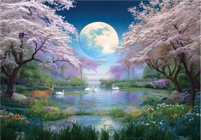 Produktbild von Fototapete Wald Mond Landschaft - 350x250 cm - Vliestapete Wohnzimmer Schlafzimmer - Vlies Fototapete Rosa - 15941VX7
