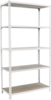 Productafbeelding van Zwaar belastbaar rek van Simonrack voor opslag en kelders, 200x110x30 cm, metalen rek met een draagvermogen van 90 kg per plank, 5 houten planken, wit/hout – Maderclick