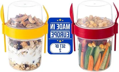 Produktbild von Famanu Müsli-To-Go Becher Set - 4 bunte Becher mit Löffel und Gabel - 600 ml