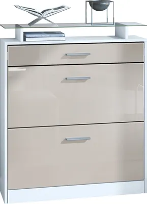 Produktbild von Vladon Schuhschrank Loret 89 x 104 x 23 cm Schuhkipper für 16 Paar Schuhe mit 1 Schublade, 1 Glasablage, Farben Weiß matt & Sandgrau Hochglanz