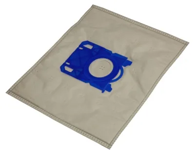 A vacuum cleaner dust bag with a blue plastic fitting.