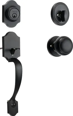 A set of black door hardware, including a handle, deadbolt, and interior knob, arranged on a white background.