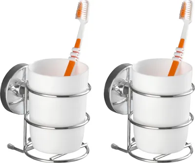 Produktbild von WENKO 2er Set Zahnputz Becher Zahn Bürsten Halter ohne bohren Edelstahl MILAZZO