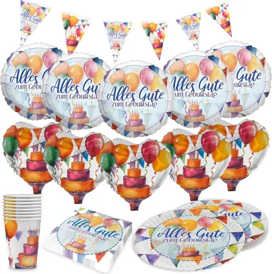 Produktbild von Happy Birthday Watercolor – 5-teiliges Set mit Deko, Tellern, Bechern & Ballons