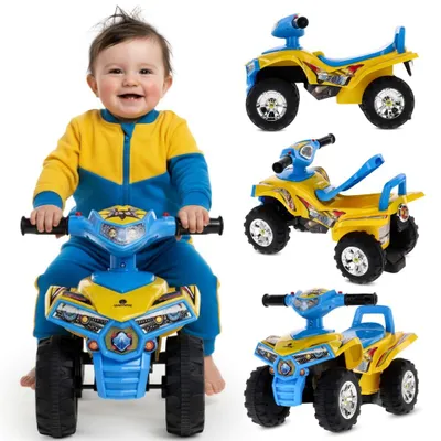 A baby is riding a toy quad bike, with other views of the toy quad bike shown.