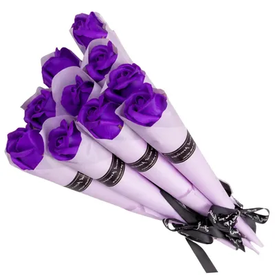 Zdjęcie produktu dla 10 róż mydlanych, bukiet, fioletowy, elegancki prezent, 28 cm
