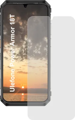 A screen protector is shown placed over a smartphone screen, with a sunset scene displayed on the phone.