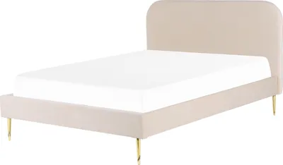 Produktbild von BELIANI Bett Beige Samtstoff mit Lattenrost 160 x 200 cm Metallfüße Gold hohes Kopfteil Retro Glamourös Polsterbett Doppelbett Schlafzimmer