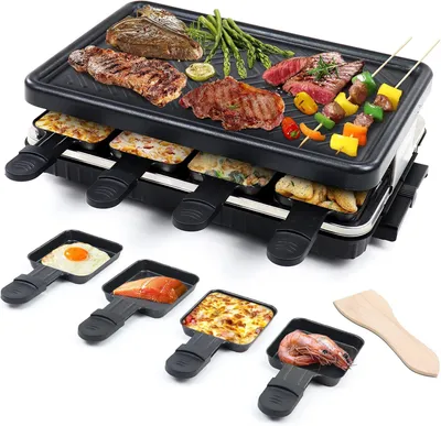 Produktbild von Raclette Grill Antihaft Beschichtung Grillpfanne mit 8 Mini Raclette Pfännchen und 4 Holzspatel Raklettgerät, 1300W