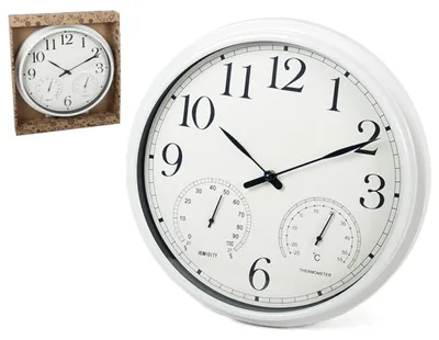 Productafbeelding van Gerimport Wandklok 33 x 4,5 Cm Wit met vochtigheid en thermometer