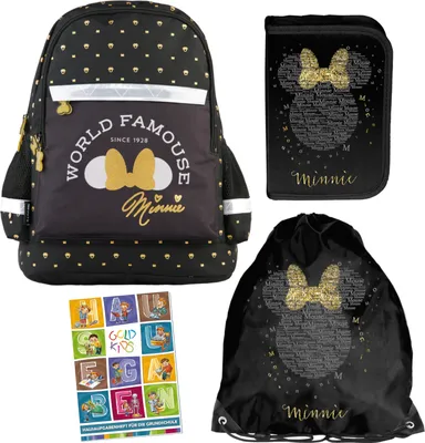 Produktbild von Schulranzen für Jungen und Mädchen, 4er-Set - Schul-Rucksack für Kinder mit Federmäppchen - Schuhbeutel und Hausaufgabenheft - Minnie Maus Motiv