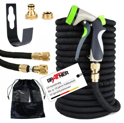 Produktbild von Grafner Gartenschlauch flexibel Flexischlauch 30 Meter mit Wandhalter, 4-fach Latexkern, 10-fach Soft-Multifunktionsbrause, massiver Mantel aus 5000D Mesh Polyester, Messing Kupplungen, KEIN PLATZEN
