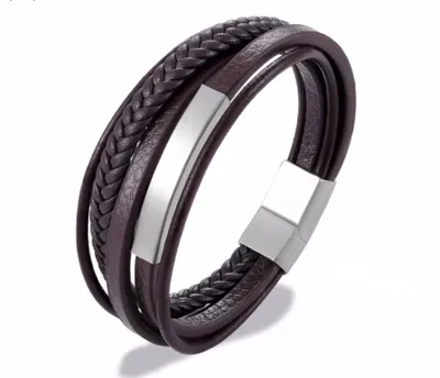 Produktbild von Armband Herren Leder Edelstahl Magnetverschluss Coffee Silber 21 Cm Lang