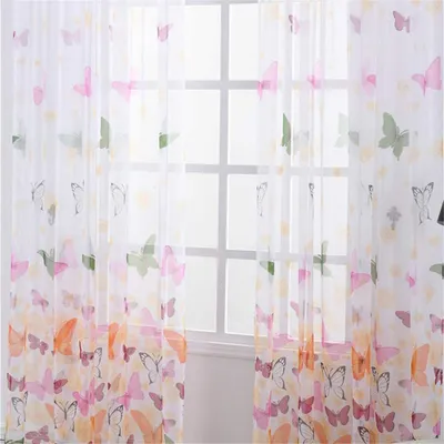 Produktbild von 2er Set Vorhänge Transparent Kräuselband Gardinen Tunnelband Dekoschal Voile Schmetterling Druck für Schlafzimmer Wohnzimmer Schmetterling 100 × 200 cm 2 Stück