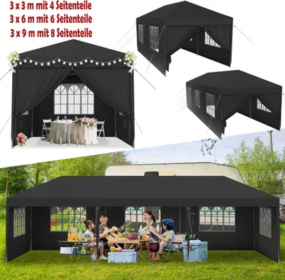 A collage of images showing a black party tent in different configurations and sizes, with one image showing a family enjoying a meal inside.