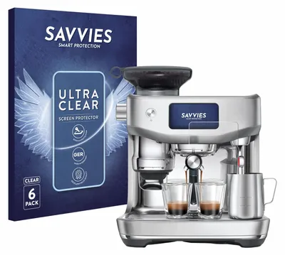 A silver espresso machine is shown next to a box of screen protectors. The espresso machine has two shots of espresso brewing into glasses. The box of screen protectors has a blue background with wings design and text indicating "ULTRA CLEAR SCREEN PROTECT