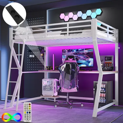 Produktbild von MODFU  Hochbett, 90x200cm  Kinderbett  Metallbett Jugendbett fernbedienbares Ambientelicht, Computerkonsolenablage, Schreibtisch, Steckdose+USB, Geländer, Treppe, Ohne Matratze, Weiß