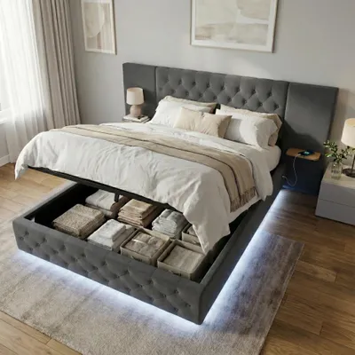 Immagine prodotto di Letto imbottito LVHOM 160x200 cm con LED e USB, letto matrimoniale idraulico con ripiani, letto per ragazzi con rete a doghe, letto a molle insacchettate in velluto, grigio