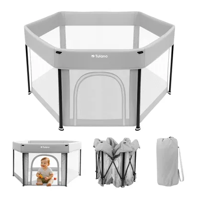 Produktbild von Tulano Cozy 30 faltbares Baby-Laufgitter – mit Reißverschluss, Tasche, rutschfest, für drinnen & draußen, belüftet, EN 12227, 6–36 Monate, hellgrau