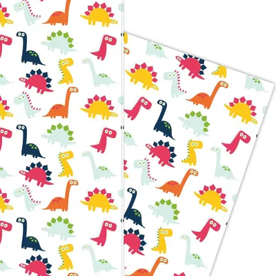 Produktbild von Lustiges Comic Dinosaurier Kinder Geschenkpapier auf weiß - G5854, 32 x 48cm