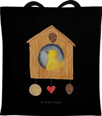 Produktbild von Mr. & Mrs. Panda Tote Bag Vogel Haus - Schwarz - Geschenk, Lustige Sprüche, canvas tasche, Wohnung, Zuhause, Stoffbeutel, Shopping, Castle, Laptoptasche, Familie