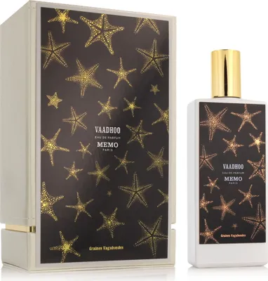 A perfume bottle and its box are displayed side-by-side against a white background. Both feature a dark background with a pattern of golden starfish.