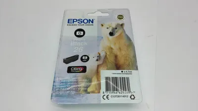 Produktbild von Epson Original 26 Tinte Eisbär (XP-600, XP-700, XP-800, XP-510, XP-710, XP-615, XP-610, XP-810, XP-720, XP-820, XP-520, XP-620, XP-625), fotoschwarz