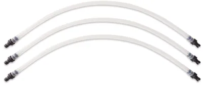 Three white flexible tubes with black connectors are arranged in a curved pattern against a white background.
