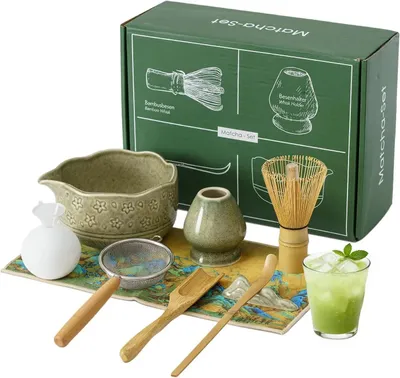 Produktbild von Japanisches Matcha Tee Set - 9-teiliges Teezeremonie Set - Bambusbesen Löffel Schale Besenhalter - Keramik - Grün