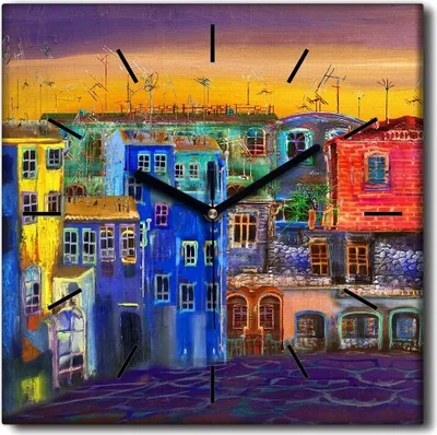 Produktbild von Coloray Uhr auf Leinwand 30x30 cm Wand Uhr Dekoration Wohnzimmer Segeltuch schwarze Hände -Landschaftshäuser Stadt.
