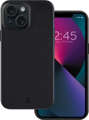 A black iPhone case is shown next to an iPhone.