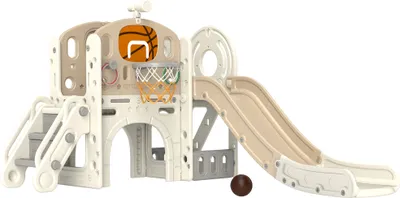 Obrázok produktu pre AIYAPLAY detská šmykľavka, 7 v 1, šmykľavka pre batoľatá s basketbalovým košom, preliezačka, teleskop, tunel, chodník s plošinou, úložný kôš, šmykľavka na detské ihrisko