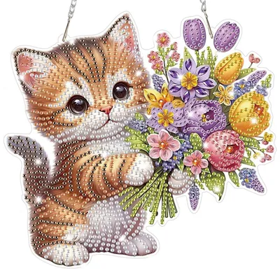 Immagine prodotto di Set per creare ciondoli "Diamond Painting" a forma di gatto e fiori, 5D, ideale per adulti. Decorazione pensile da realizzare