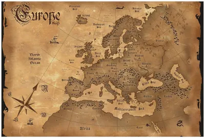 Produktbild von Wallario Premium Glasbild, freischwebende Optik, kräftige Farben, Größe 90 x 60 cm Motiv Alte Weltkarte   Karte von Europa in englisch