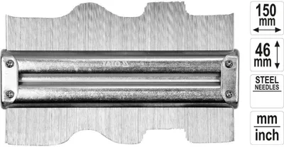 A contour gauge tool is shown against a white background with measurement indicators on the right side.