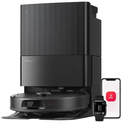 A black robot vacuum cleaner with its docking station, alongside a smartphone and a smartwatch displaying app interfaces.