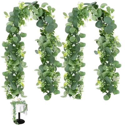 Produktbild von Künstliche Eukalyptus-Girlande mit weißen Blumen - 2 Stück Hängepflanzen - 1,8 m Länge - Grün