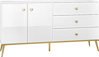 Produktbild von Sideboard in weiß Hochglanz mit goldfarbenen Griffen und Füßen GUBIN-131, B/H/T: ca. 160/85/40 cm