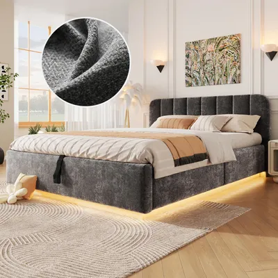 Image de Lit tapissier, lit double, 140 x 200 cm, lit avec sommier à lattes, tête de lit, tête de lit rembourrée, système de rangement hydraulique, avec éclairage LED