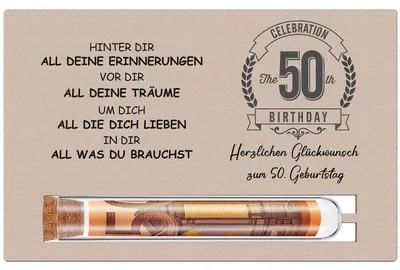 Produktbild von Geldgeschenk-Verpackung 50. Geburtstag mit Holzkarte und Reagenzglas | Für Männer & Frauen | Buchsbaumholz & Kunststoff