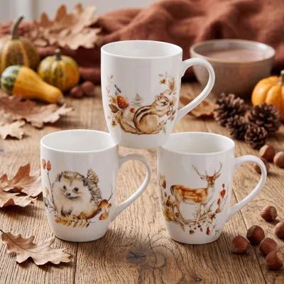 Produktbild von 3er Set Kaffeetasse 340ml Porzellan Waldtiere Igel Hirsch Eichhörnchen Herbst
