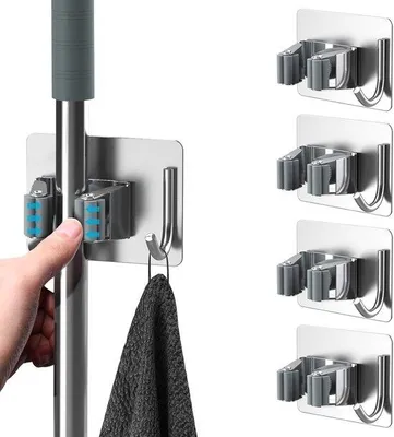 Produktbild von Grijs, zelfklevende, roestvrijstalen bezemsbeugel, 4 stuks, voor eetkamer, keuken, badkamer, garage