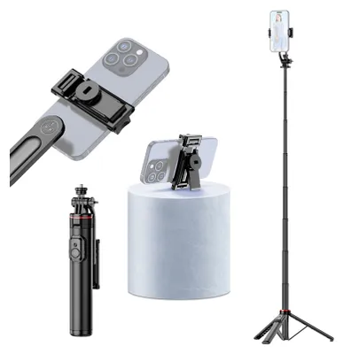Produktbild von Ausziehbares Selfie-Stick-Stativ fuer Telefon, max. Laenge 131 cm, mit 1/4-Zoll-Schraube, abnehmbarem Telefonclip, Fernausloeser, Telefonstativ fuer Vlog-Selfie, Live-Streaming, Gruppenfoto-Video