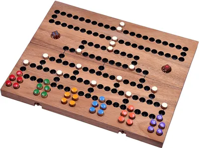 A wooden board game with colorful playing pieces and dice.